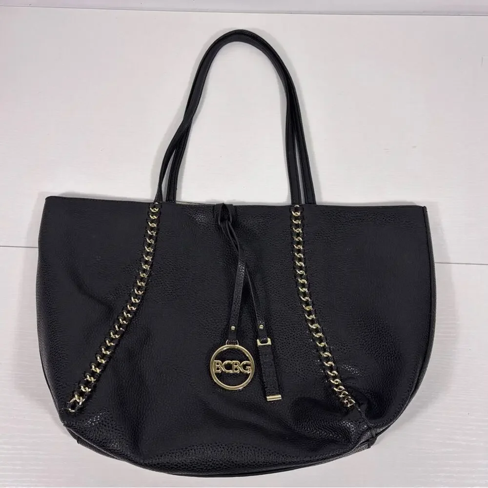 BCBG Chic Black Tote with Gold Chain Accents Bin10